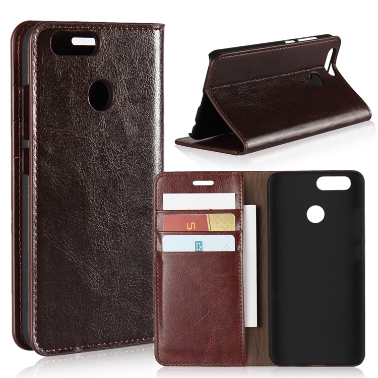 Crazy Horse Genuine Leather Wallet Shell for Huawei Nova 2 - Coffee-1