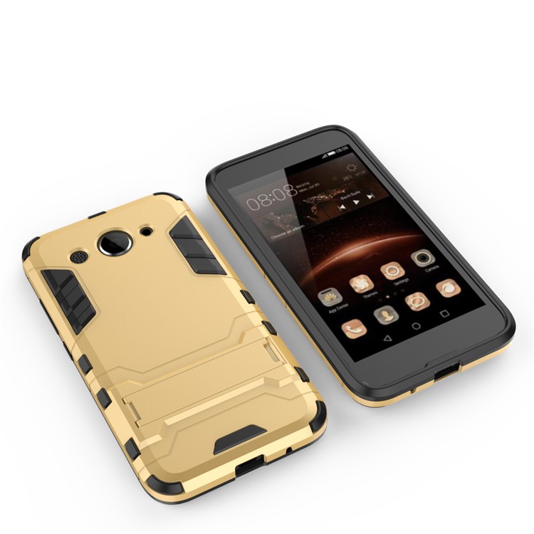 For Huawei Y3 (2017) Cool Plastic TPU Kickstand Hybrid Case Accessory - Gold-4