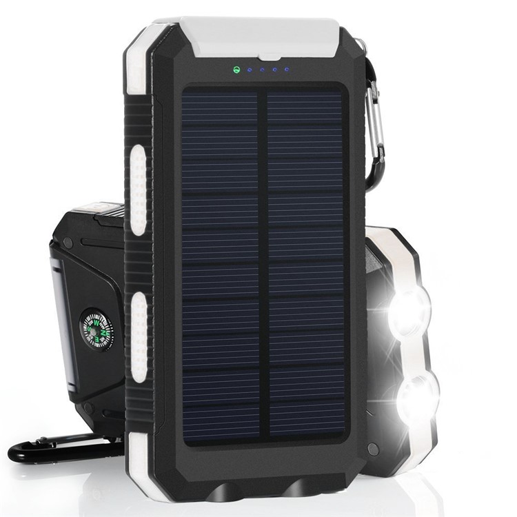 Caricabatteria solare per caricabatterie da banca di potenza 10000mAh Caricabatteria USB a batteria esterna Costruito in luce a LED con bussola - Bianco-1