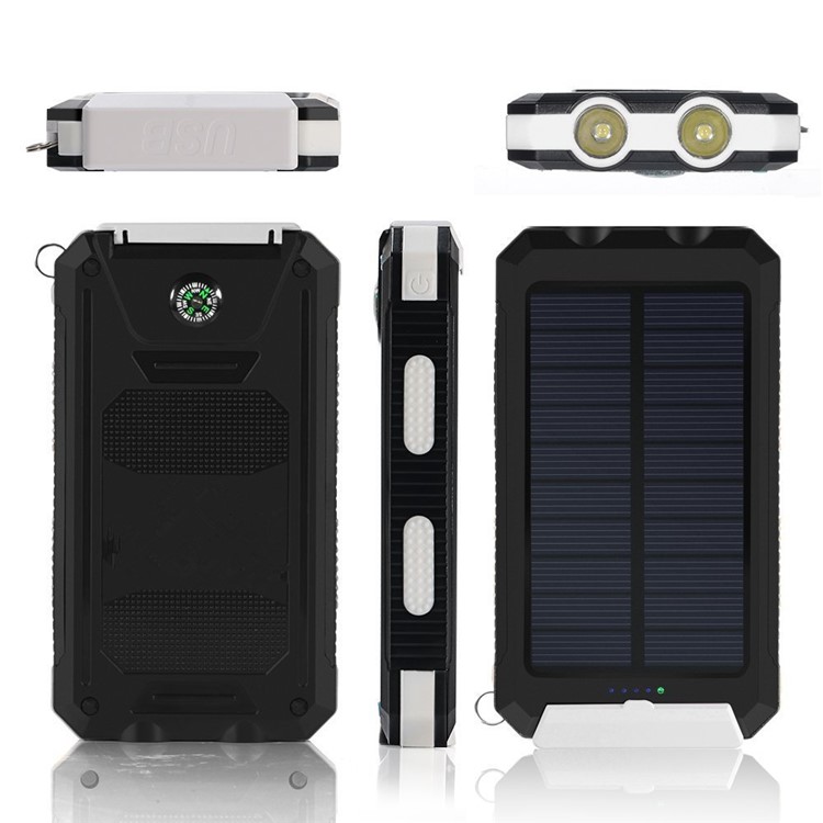 Caricabatteria solare per caricabatterie da banca di potenza 10000mAh Caricabatteria USB a batteria esterna Costruito in luce a LED con bussola - Bianco-2