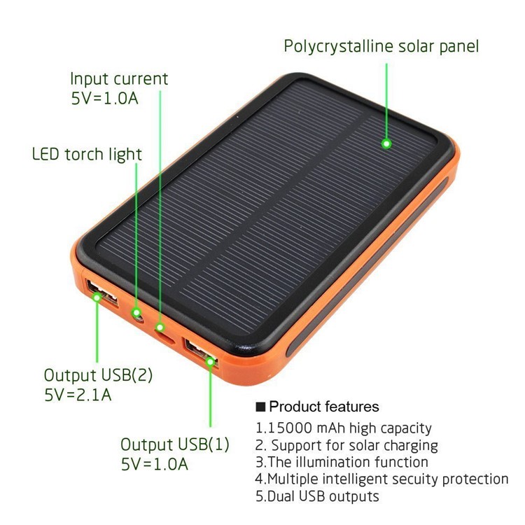 Waterproof 10000mAh Dual USB Solar Phone Charger Power Bank with Flashlight - Orange-2