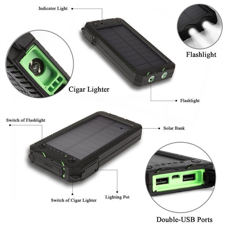 10000mAh Solar Power Bank Stoßfest Dual-USB-Ladegerät Mit Doppel-LED-Taschenlampen - Blau-10