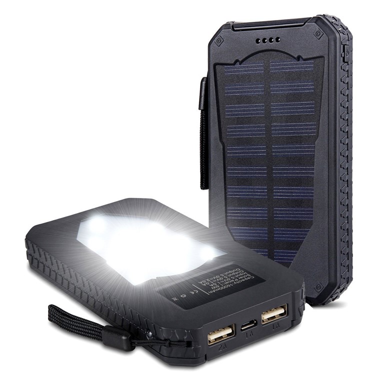 10000mAh Solar Power Bank Dustproof Shockproof Dual USB External Battery with LED Flashlight - Black-1