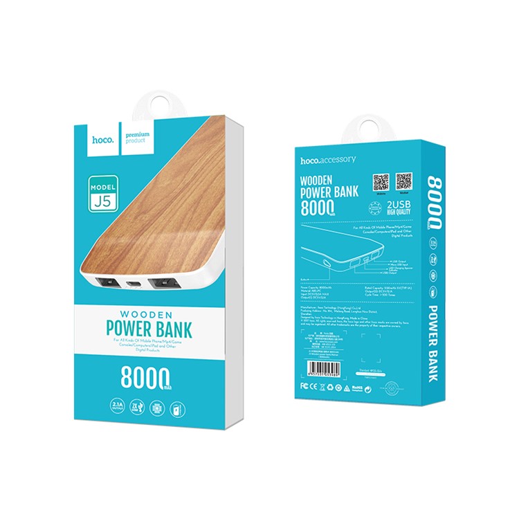HOCO J5 Wooden 8000mAh External Backup Battery Charger Dual USB Power Bank - Walnut-5