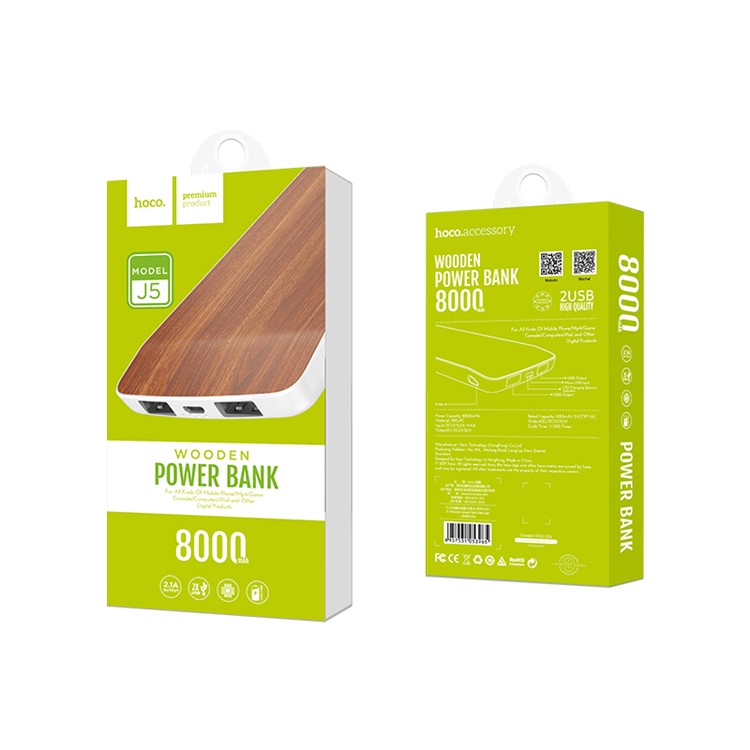 HOCO J5 Wooden 8000mAh External Portable Backup Battery Charger with Dual USB Port LED Display - Red Oak-6