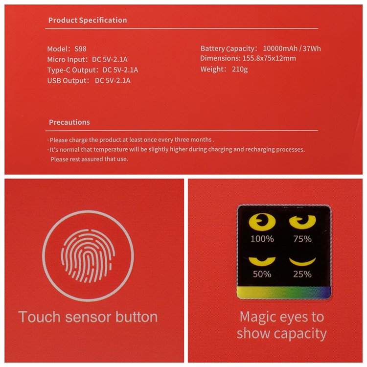 CAGER S98 Magic Eyes 10000mAh Power Bank with Charging Cables for iPhone iPad Samsung - Red-7