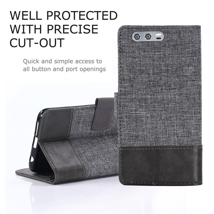 MUXMA Splicing PU Leather Canvas Wallet Phone Case for Huawei Honor 9 - Grey-1