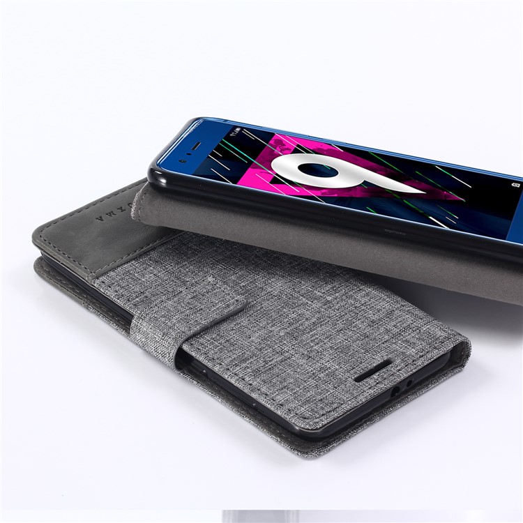 MUXMA Splicing PU Leather Canvas Wallet Phone Case for Huawei Honor 9 - Grey-6