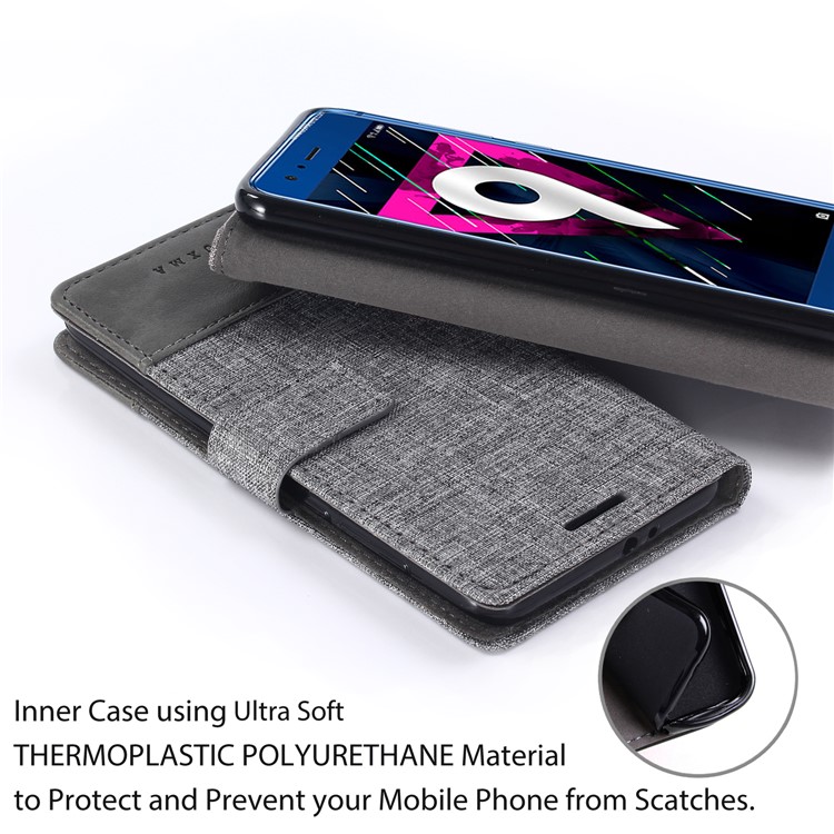 MUXMA Splicing PU Leather Canvas Wallet Phone Case for Huawei Honor 9 - Grey-9