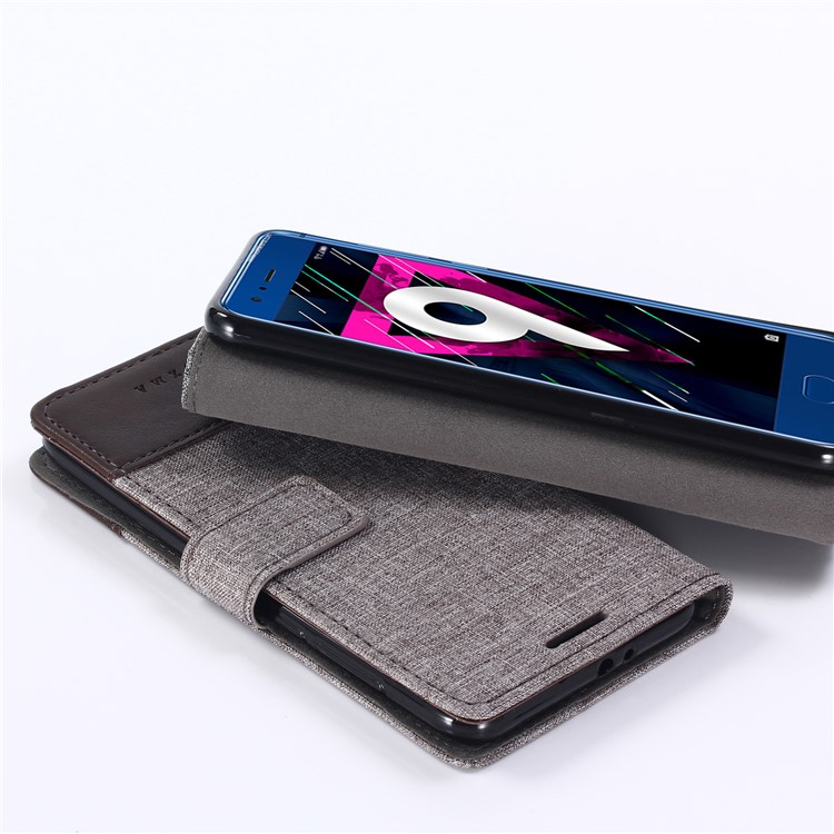 MUXMA Splicing PU Leather Canvas Wallet Phone Shell for Huawei Honor 9 - Brown-6