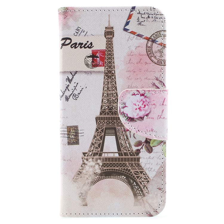 Cross Texture Patterned Leather Wallet Stand Cover for Huawei P9 lite mini / Enjoy 7 / Y6 Pro (2017) - Eiffel Tower and Flower-1