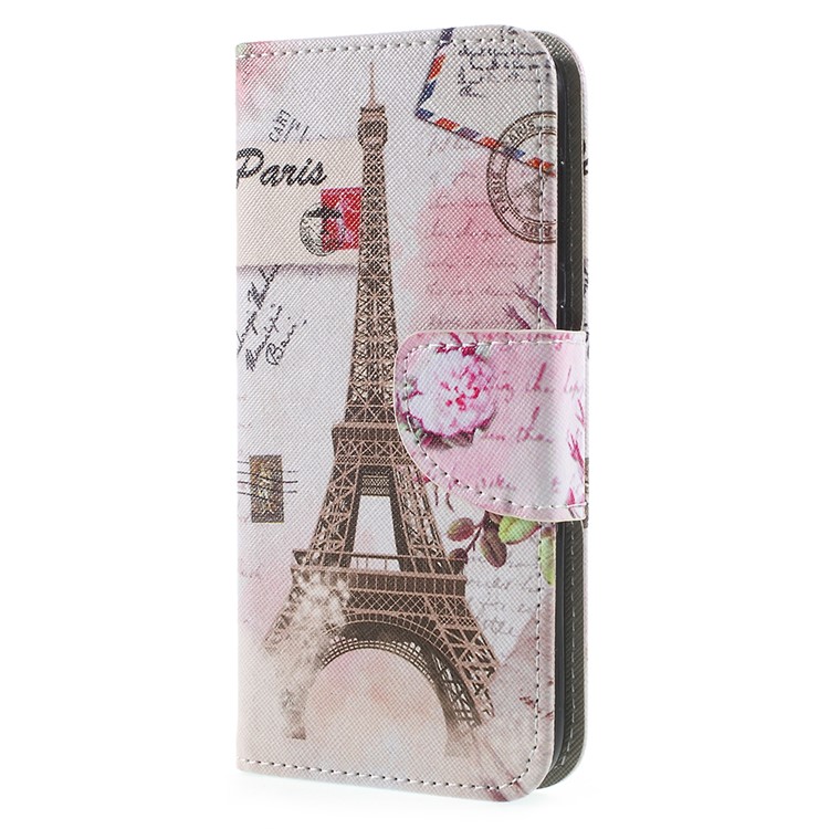 Cross Texture Patterned Leather Wallet Stand Cover for Huawei P9 lite mini / Enjoy 7 / Y6 Pro (2017) - Eiffel Tower and Flower-2