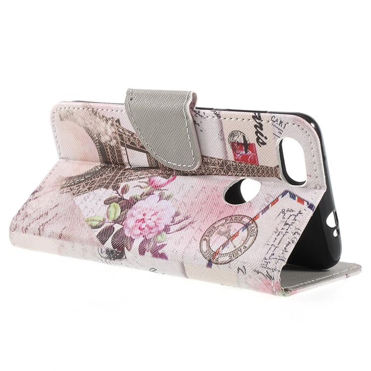 Cross Texture Patterned Leather Wallet Stand Cover for Huawei P9 lite mini / Enjoy 7 / Y6 Pro (2017) - Eiffel Tower and Flower-5