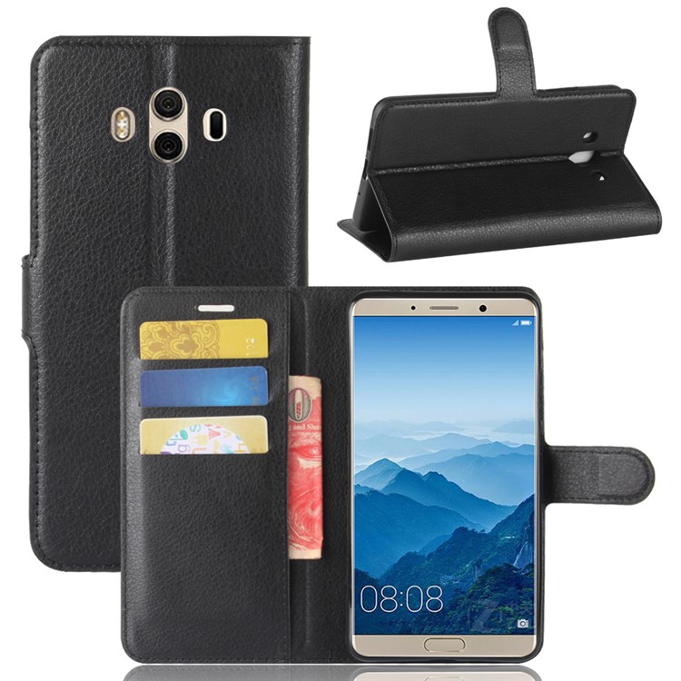 Litchi Texture Leather Wallet Stand Case for Huawei Mate 10 - Black-1