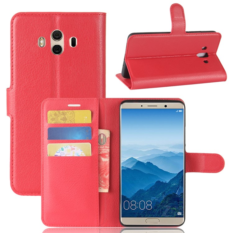 Litchi Texture Leather Wallet Stand Shell for Huawei Mate 10 - Red-1