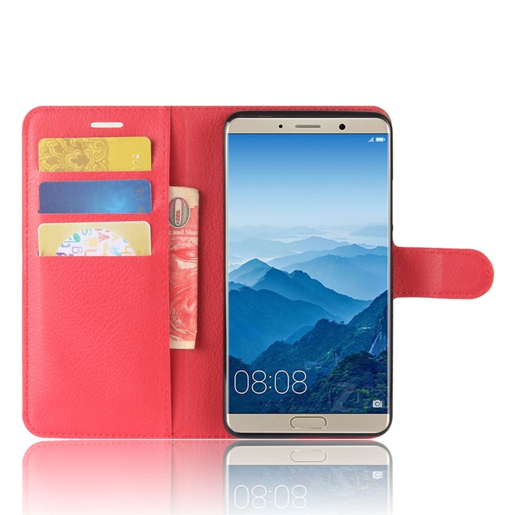 Litchi Texture Leather Wallet Stand Shell for Huawei Mate 10 - Red-4