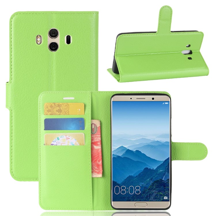 Litchi Skin Leather Wallet Phone Shell with Stand for Huawei Mate 10 - Green-1