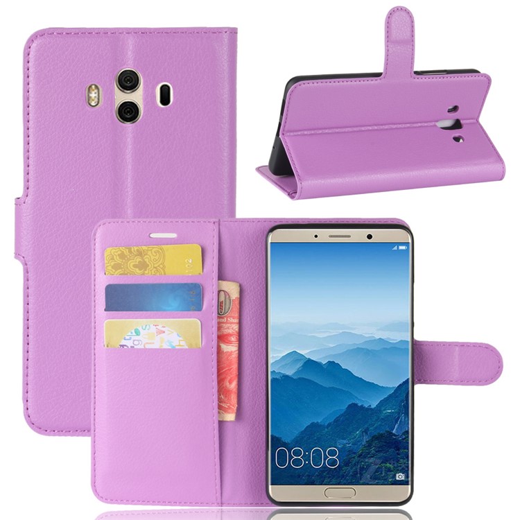 Litchi Texture Leather Wallet Stand Mobile Cover for Huawei Mate 10 - Purple-1