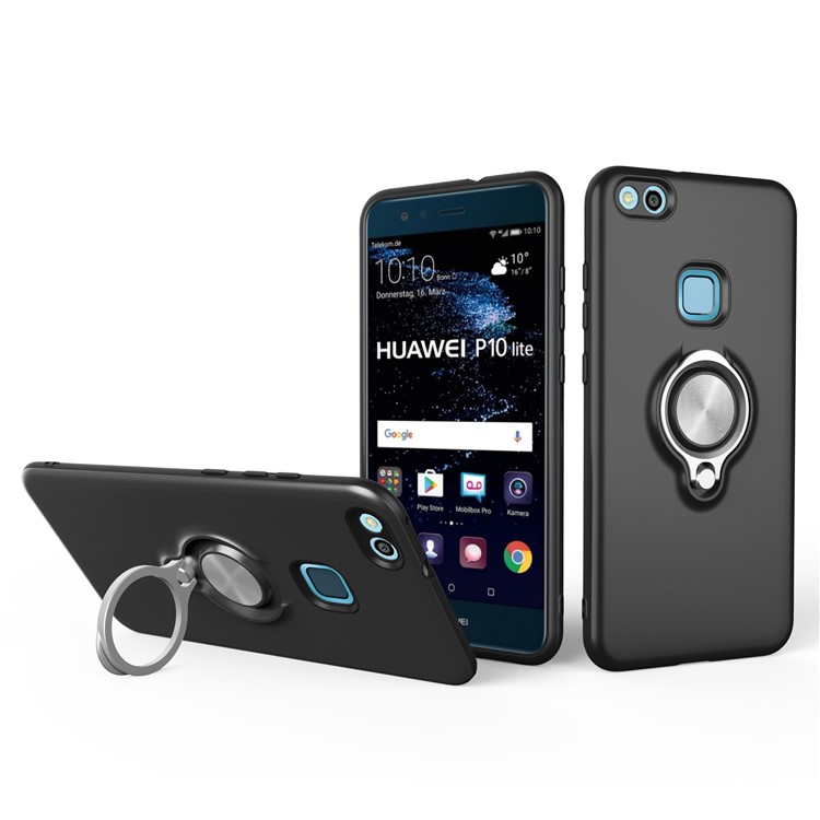 360 Degree Rotary Ring Holder PC + TPU Hybrid Kickstand Case for Huawei P10 Lite - Black-1