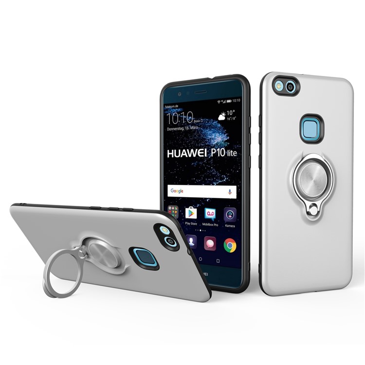 Rotary Ring Grip Holder PC + TPU Hybrid Kickstand Back Case for Huawei P10 Lite - Silver-1