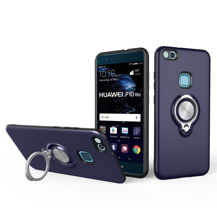 360 Degree Rotary Ring Holder PC + TPU Combo Back Cover for Huawei P10 Lite - Dark Blue-1