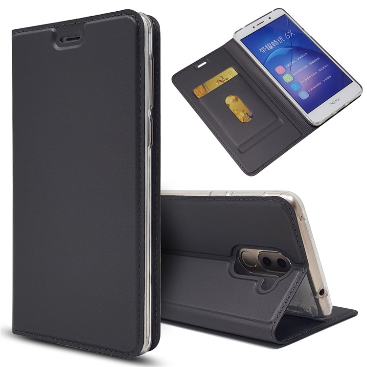 Auto-absorbed Magnetic Leather Card Holder Phone Shell for Huawei Honor 6x (2016) - Black-1