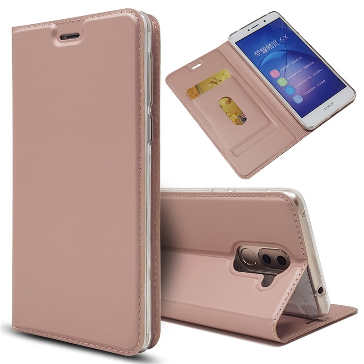 Auto-absorbed Magnetic Leather Card Holder Mobile Cover for Huawei Honor 6x (2016) - Rose Gold-1