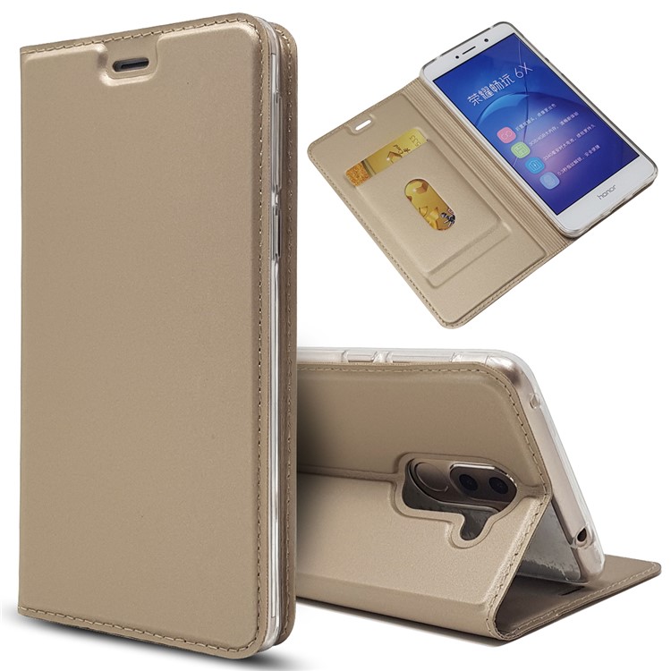 Auto-absorbed Magnetic Leather Stand Flip Case for Huawei Honor 6x (2016) - Gold-1