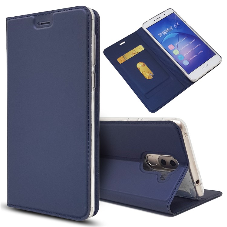 Auto-absorbed Magnetic Leather Stand Phone Casing for Huawei Honor 6x (2016) - Dark Blue-1