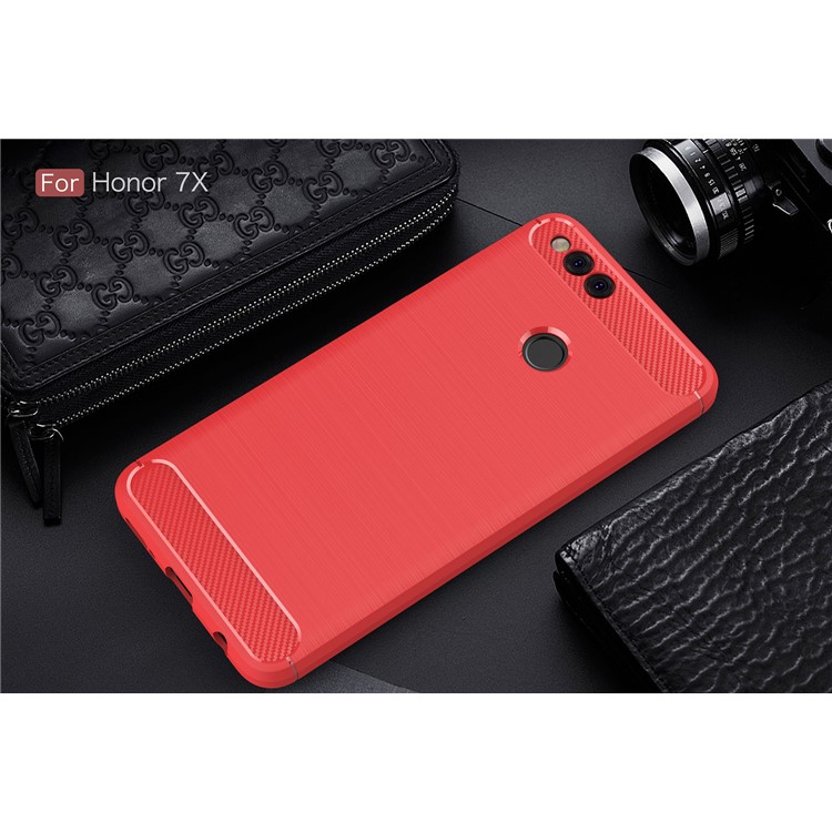 Textura De Fibra De Carbono Escovado Caixa De Telefone Celular TPU Para Huawei Honra 7X - Vermelho-2