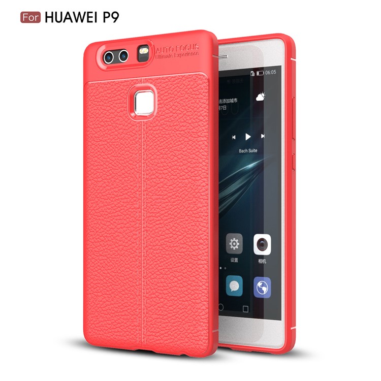 Litchi Grain Soft TPU Back Shell for Huawei P9 - Red-1