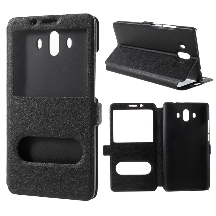 Dual View Window Silk Texture Leather Stand Case for Huawei Mate 10 - Black-1