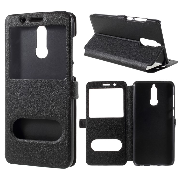 Silk Texture Dual Window Leather Case for Huawei Mate 10 Lite / nova 2i / Maimang 6 - Black-1