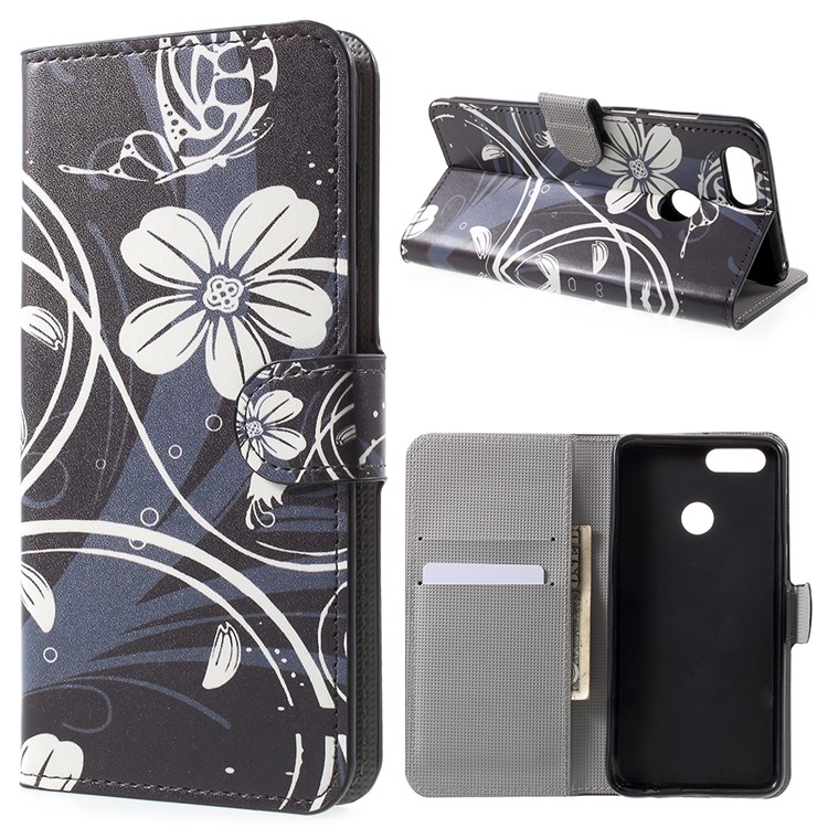 Water Transfer Printing Stand Wallet Magnetic Leather Case for Huawei Honor 7X - Pretty Flowers-1
