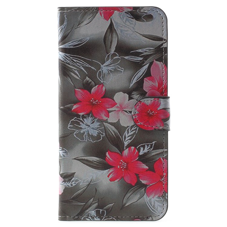 Water Transfer Printing PU Leather Stand Wallet Phone Cover for Huawei Honor 7X - Red Blooming Flowers-1