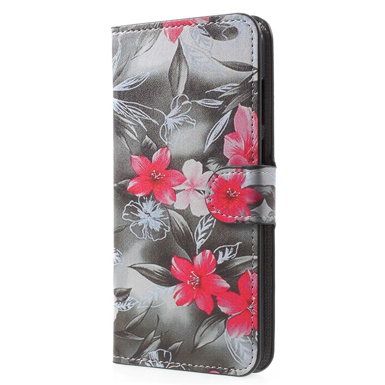 Water Transfer Printing PU Leather Stand Wallet Phone Cover for Huawei Honor 7X - Red Blooming Flowers-2