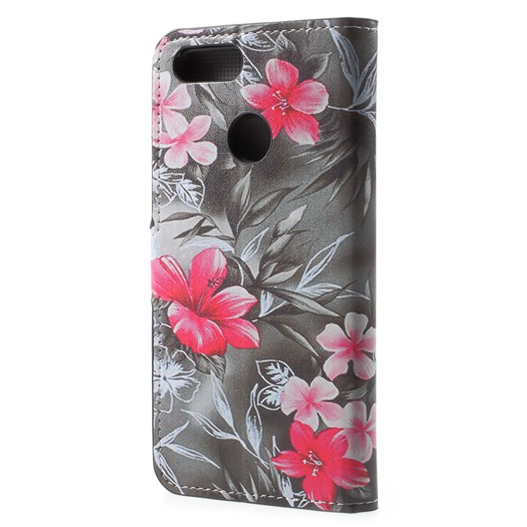 Water Transfer Printing PU Leather Stand Wallet Phone Cover for Huawei Honor 7X - Red Blooming Flowers-3