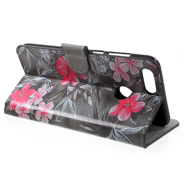 Water Transfer Printing PU Leather Stand Wallet Phone Cover for Huawei Honor 7X - Red Blooming Flowers-4