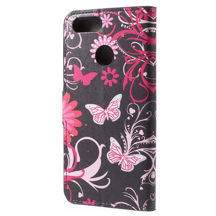 Water Transfer Printing Card Holder Leather Mobile Case with Stand for Huawei Honor 7X - Butterfly and Flower Pattern-3