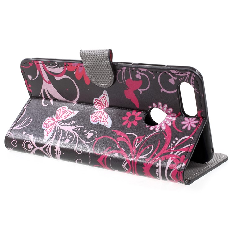 Water Transfer Printing Card Holder Leather Mobile Case with Stand for Huawei Honor 7X - Butterfly and Flower Pattern-4
