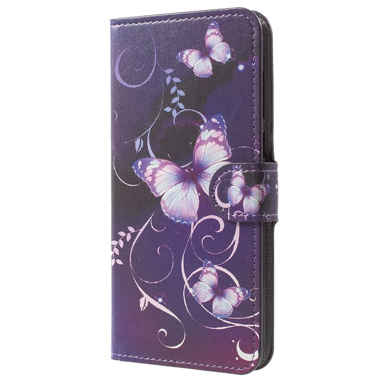 Water Transfer Printing Leather Folio Flip Case Cover for Huawei Honor 7X - Purple Butterflies and Vines-2