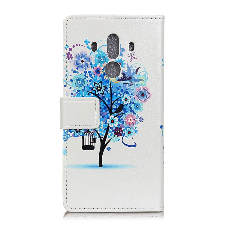 Patterned Card Holder Leather Cover for Huawei Mate 10 Pro - Blue Flowers Tree Birdcage-3