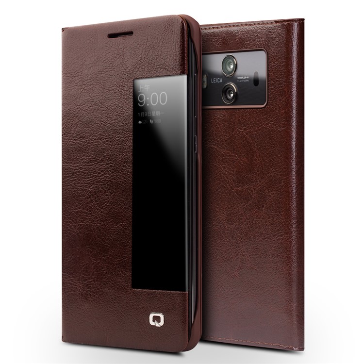 QIALINO Smart View Window Genuine Leather Phone Case for Huawei Mate 10 - Brown-1