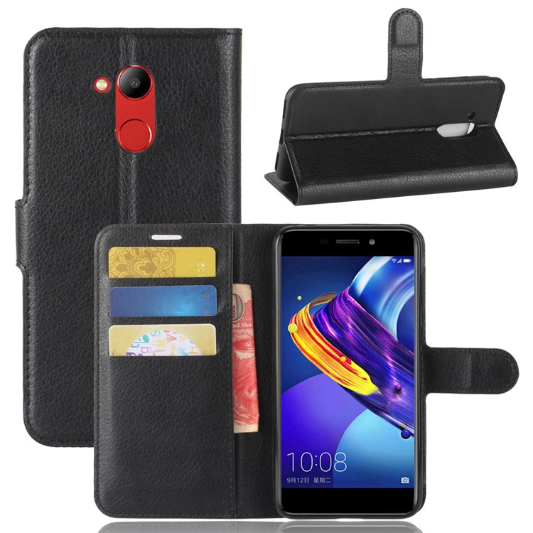 Litchi Skin PU Leather Wallet Stand Phone Case for Huawei Honor V9 Play - Black-1