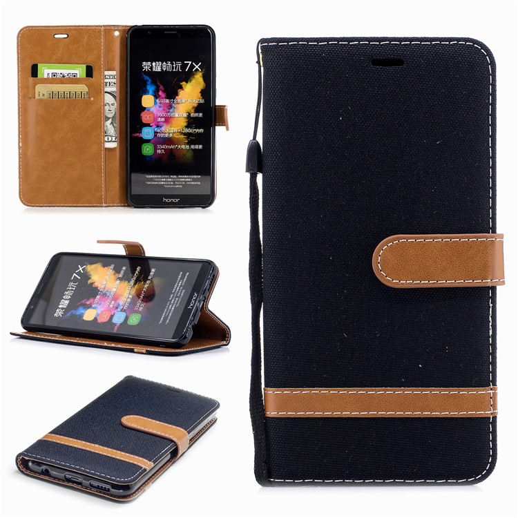 Two-tone Jean Cloth PU Leather Wallet Stand Phone Case for Huawei Honor 7X - Black-1