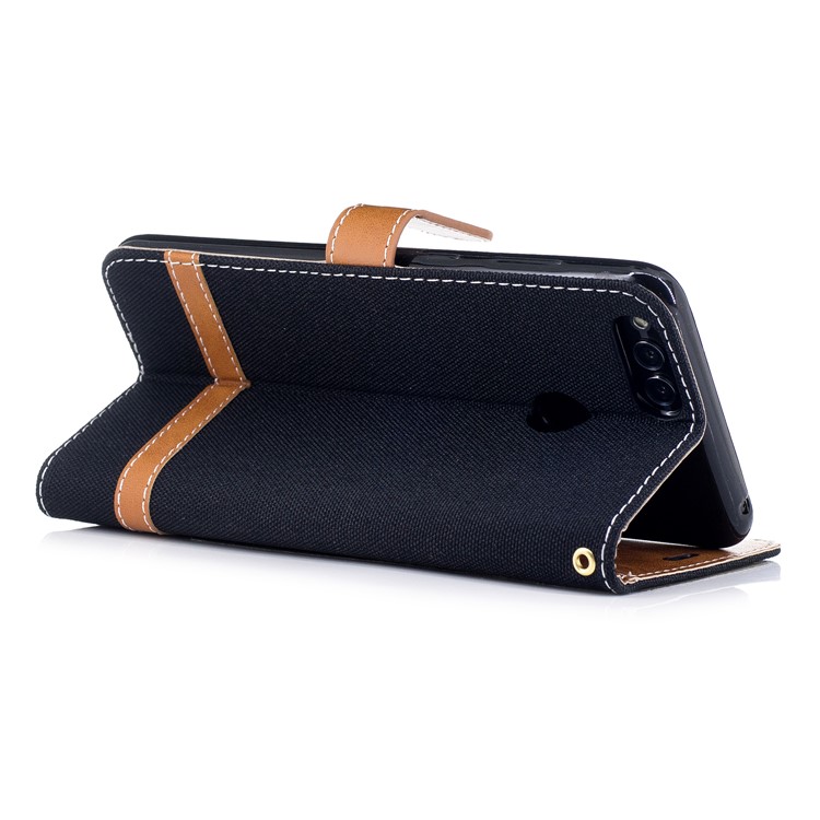 Two-tone Jean Cloth PU Leather Wallet Stand Phone Case for Huawei Honor 7X - Black-4
