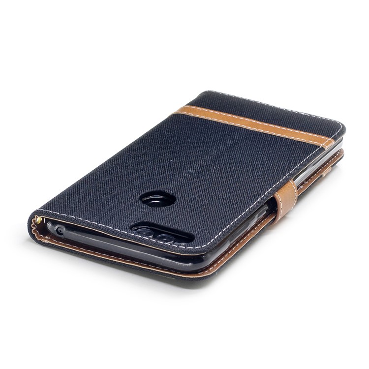 Two-tone Jean Cloth PU Leather Wallet Stand Phone Case for Huawei Honor 7X - Black-7