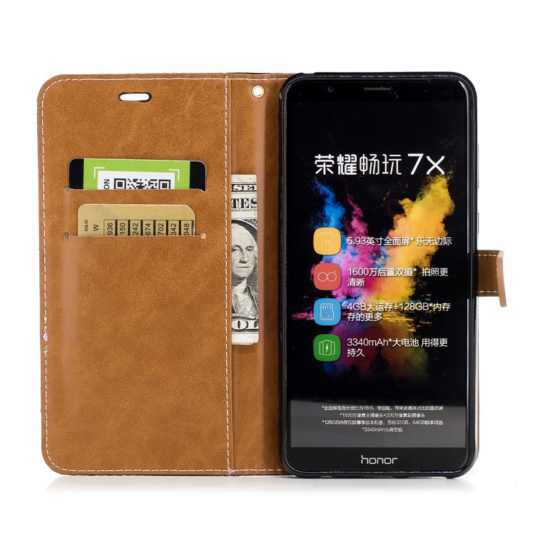 Two-tone Jean Cloth PU Leather Wallet Stand Phone Case for Huawei Honor 7X - Black-8