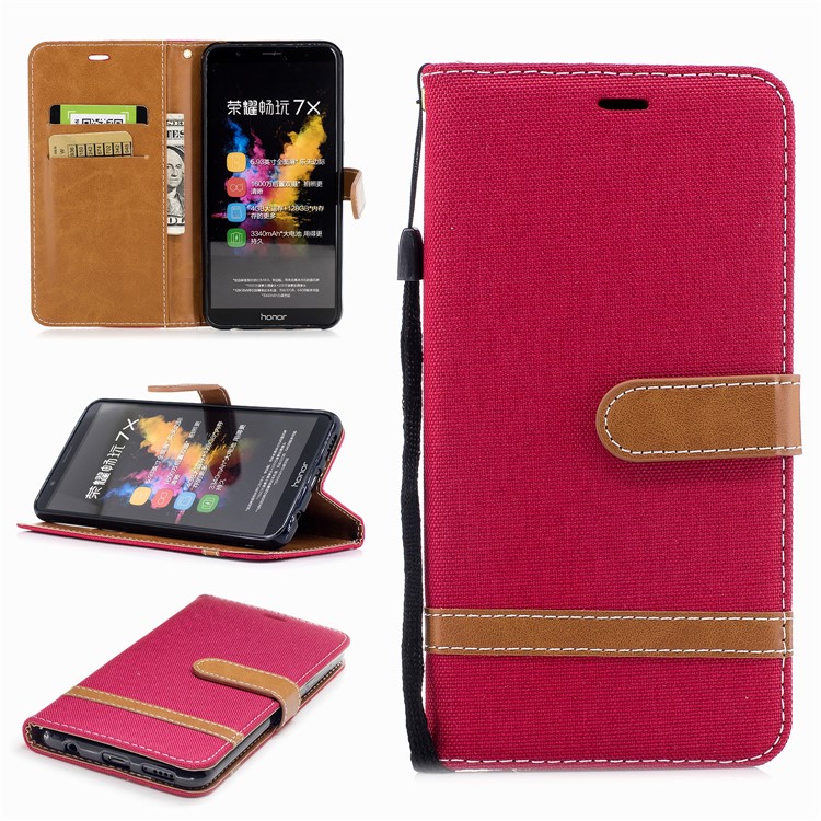 Two-color Jean Cloth PU Leather Wallet Stand Mobile Cover for Huawei Honor 7X - Red-1
