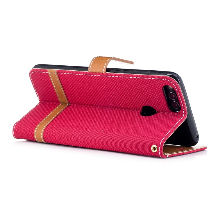 Two-color Jean Cloth PU Leather Wallet Stand Mobile Cover for Huawei Honor 7X - Red-4